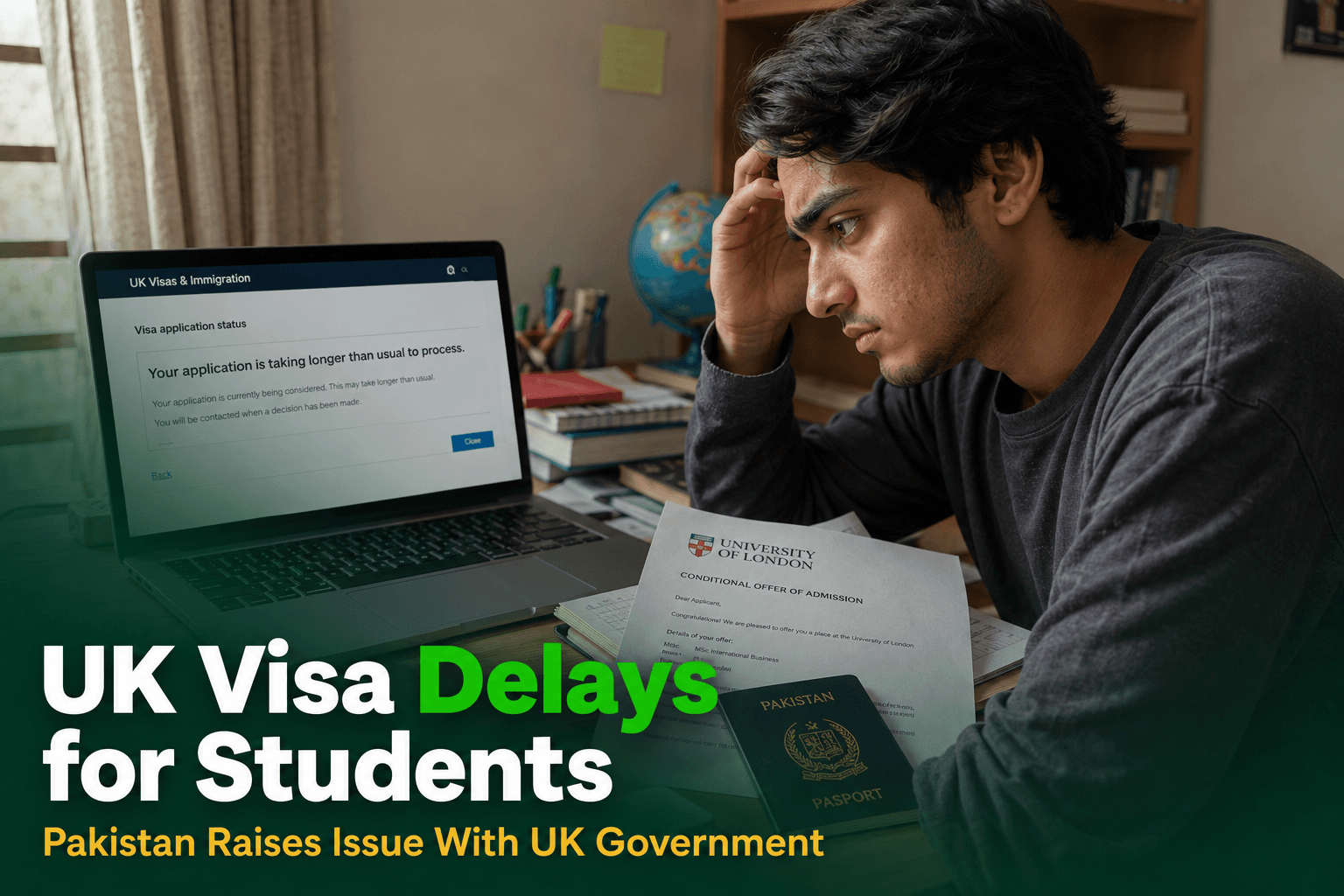 A Pakistani student anxiously checking UK visa application status on a laptop at home