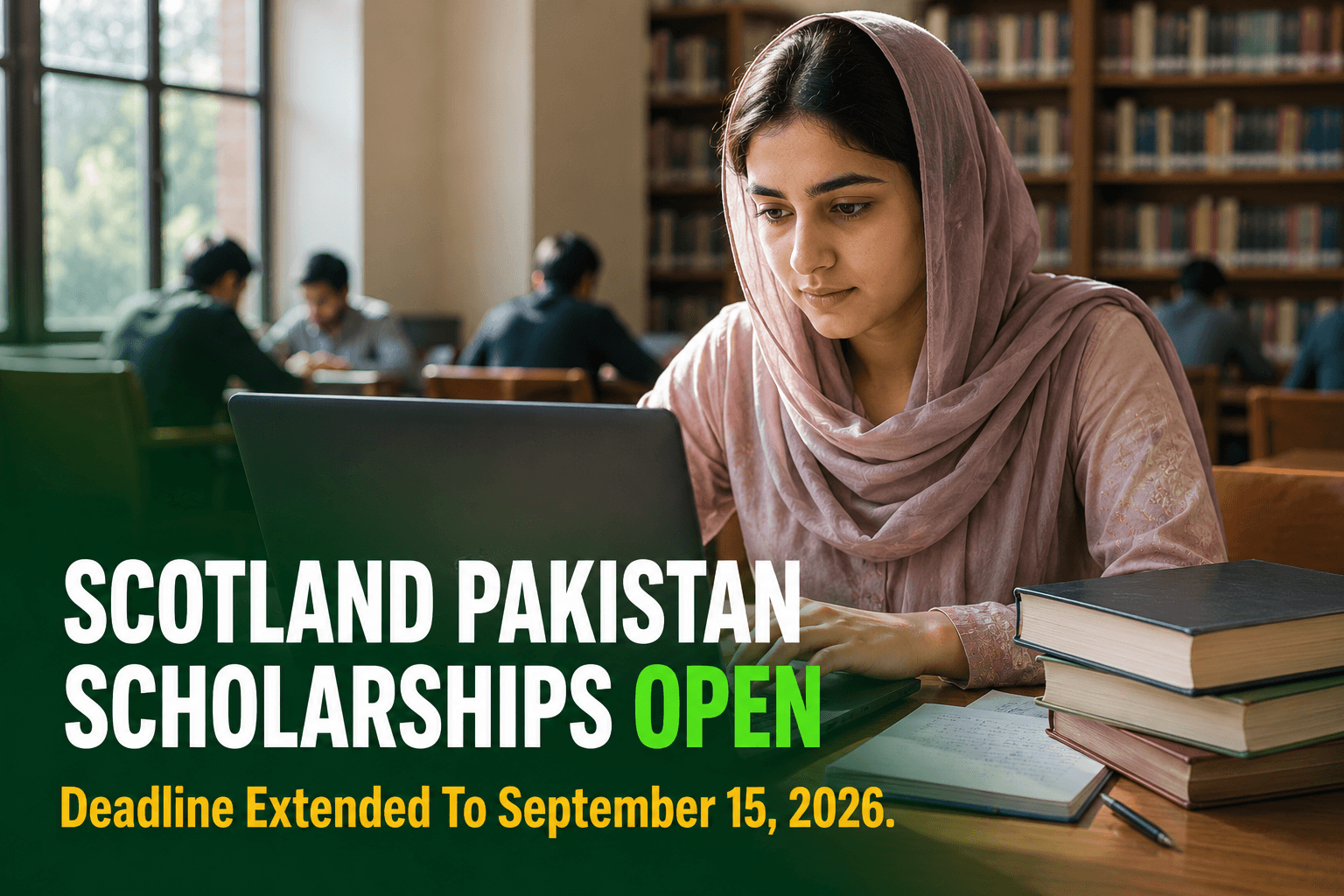 A young Pakistani woman studying at a university library, preparing her scholarship application