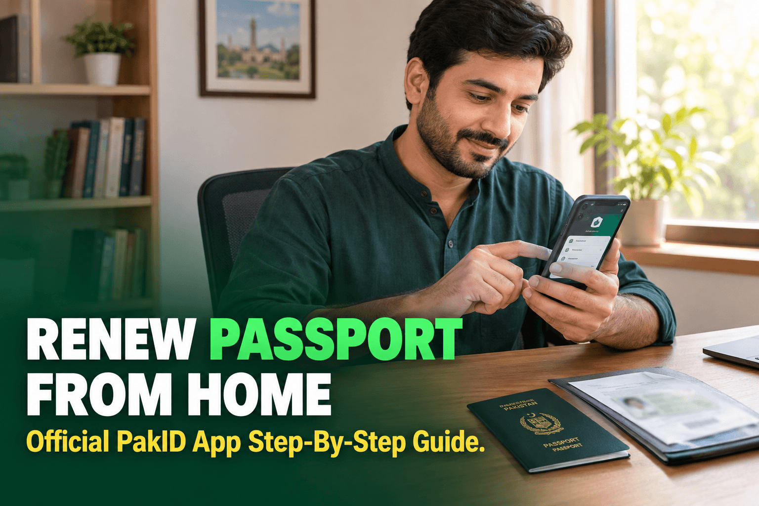 A Pakistani passport holder using the NADRA PakID mobile app to renew a passport from home