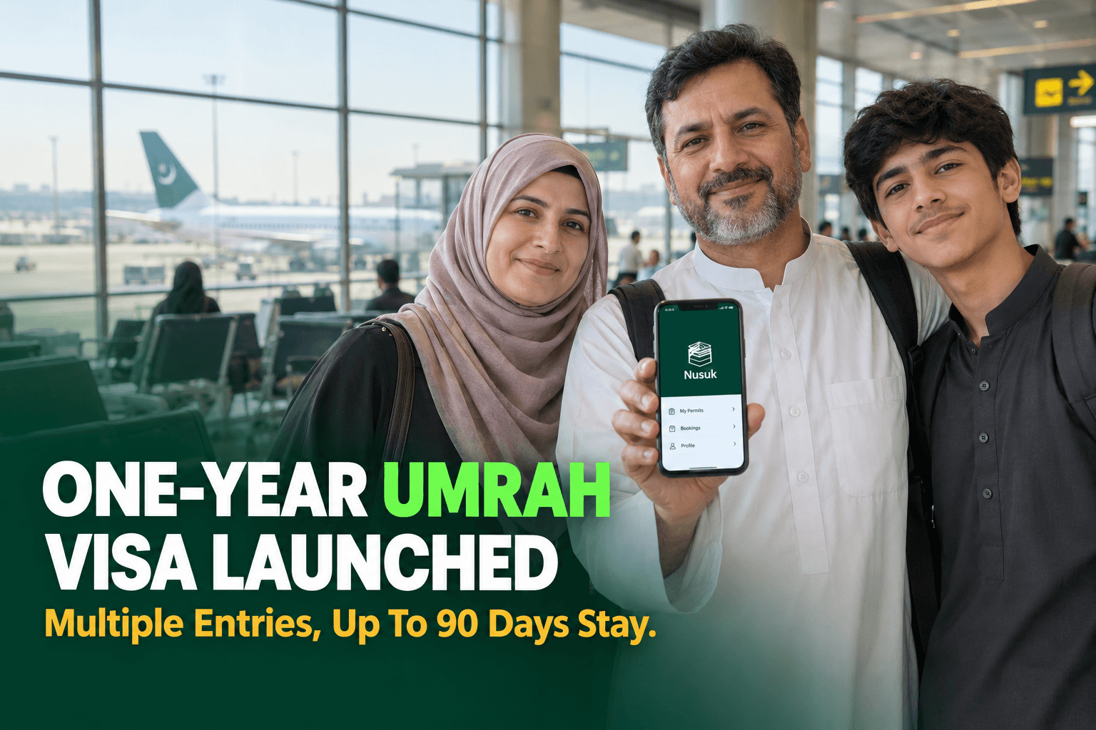 A Pakistani pilgrim family checking their Umrah visa application on the Nusuk app before travelling to Saudi Arabia